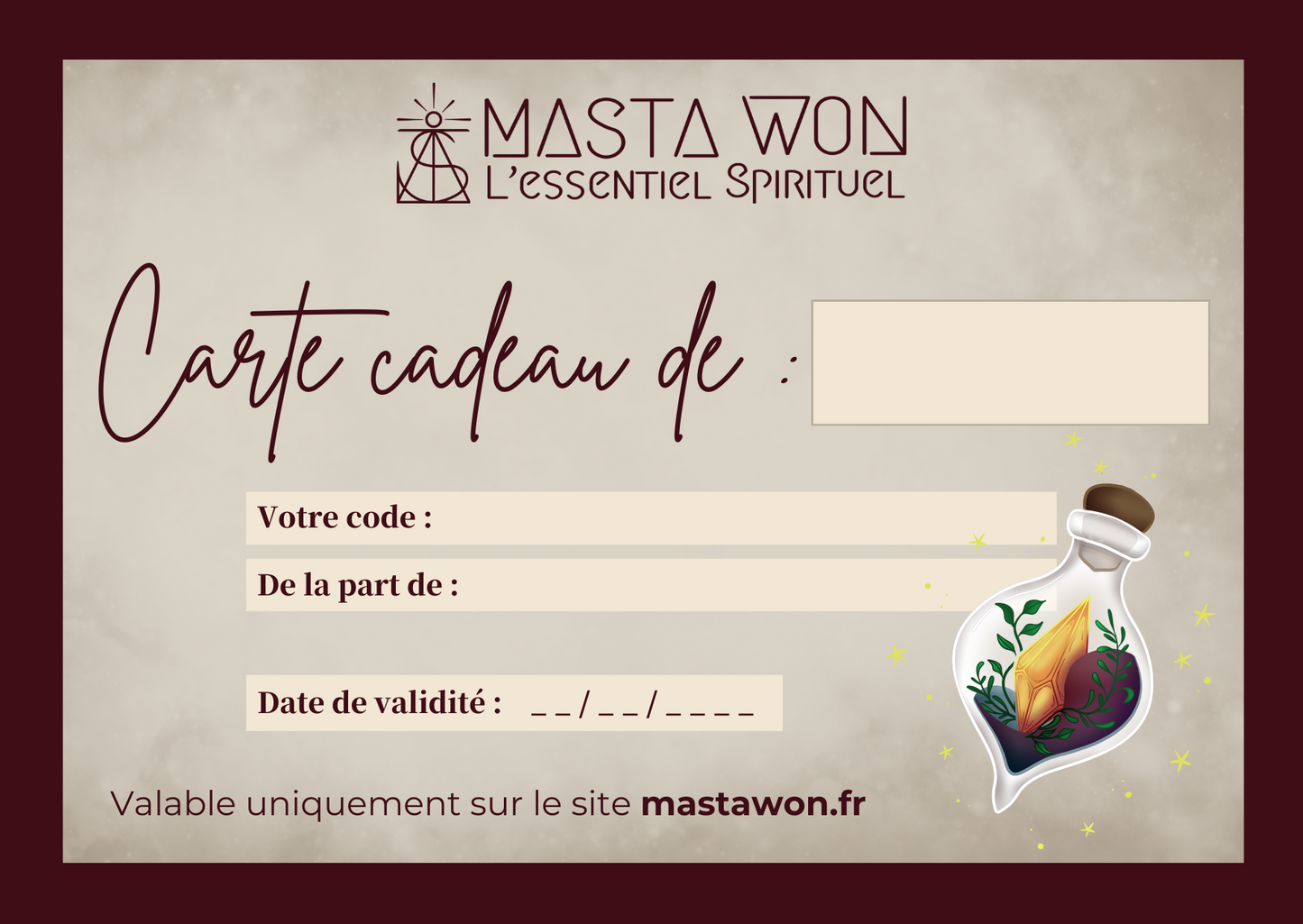 Carte cadeau MastaWon.fr MASTA WON l'Essentiel Spirituel
