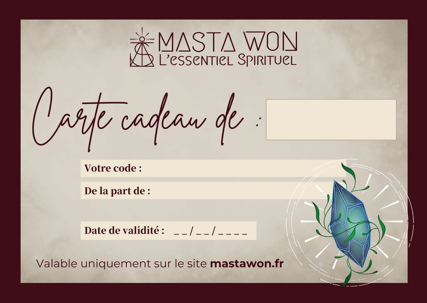 Carte cadeau MastaWon.fr MASTA WON l'Essentiel Spirituel