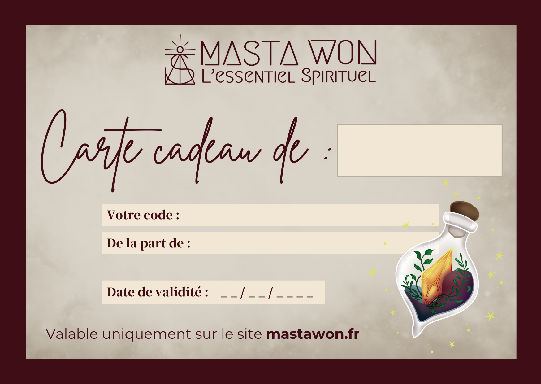 Carte cadeau MastaWon.fr MASTA WON l'Essentiel Spirituel